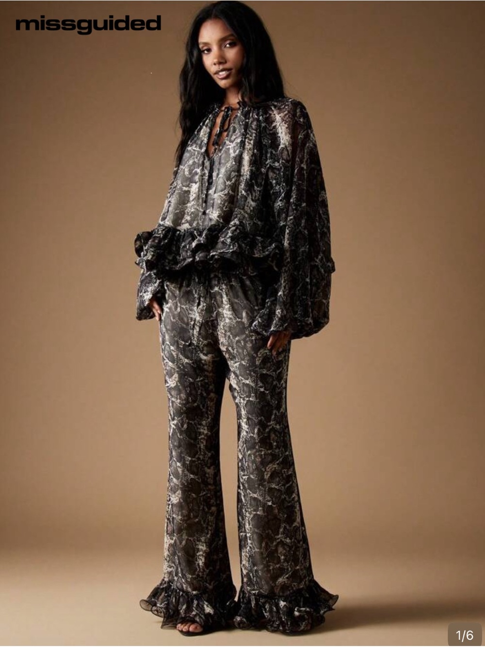 Missguided Black Snake-Print Ruffle Wide-Leg Jumpsuit